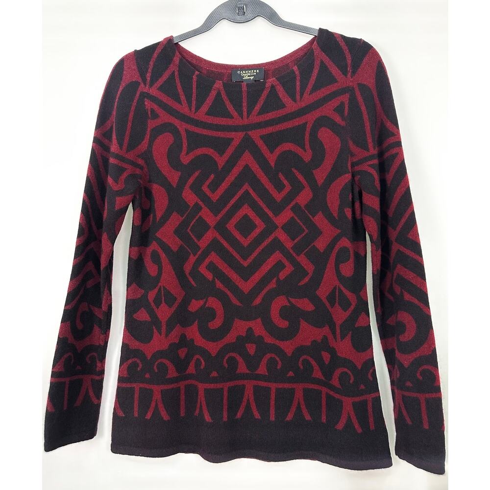 Charter Club Women’s 100% Cashmere Geometric Pattern Sweater Medium Red Black - Picture 2 of 6